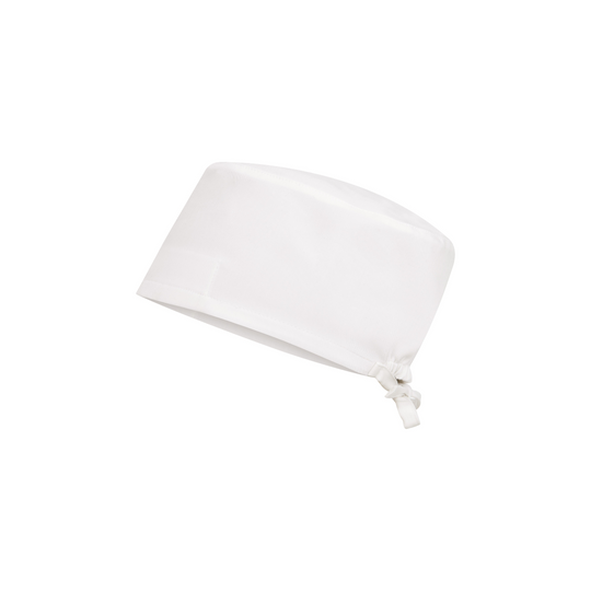 Halo scrub cap, white—side view with tied back band and rounded crown