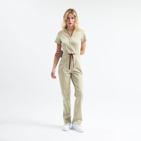 Sunray Slim Scrubs tulum, Marl; V yaka kısa kollu, bağcıklı bel.