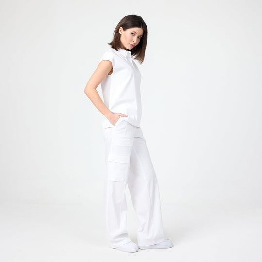 Freya bol paça scrub pantolon, beyaz, ön cep detaylı