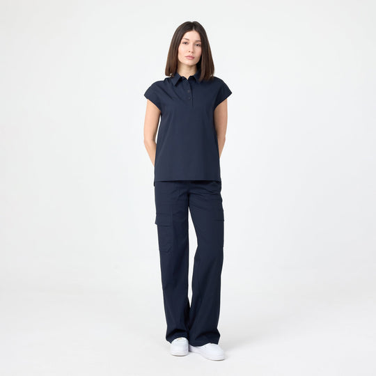 Navy polo T-shirt with short sleeves, button placket and pointed collar