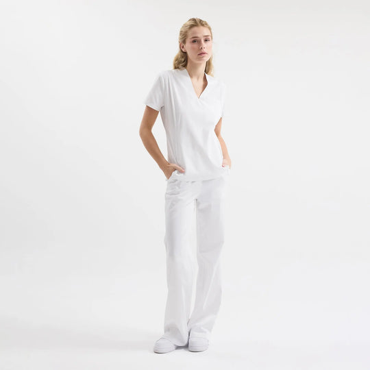 Chicago beli lastikli beyaz scrub pantolon, düz kesim