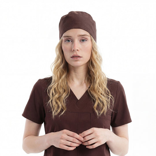 Scrub top with V-neck, chest pocket and matching cap, dark cocoa color