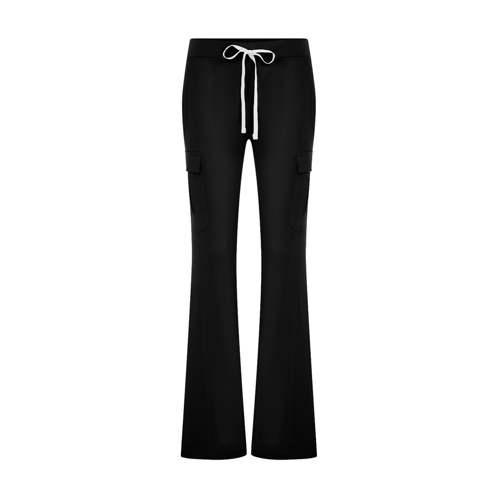 Siyah scrubs pantolon: bağcıklı bel, yan cepler, düz paça
