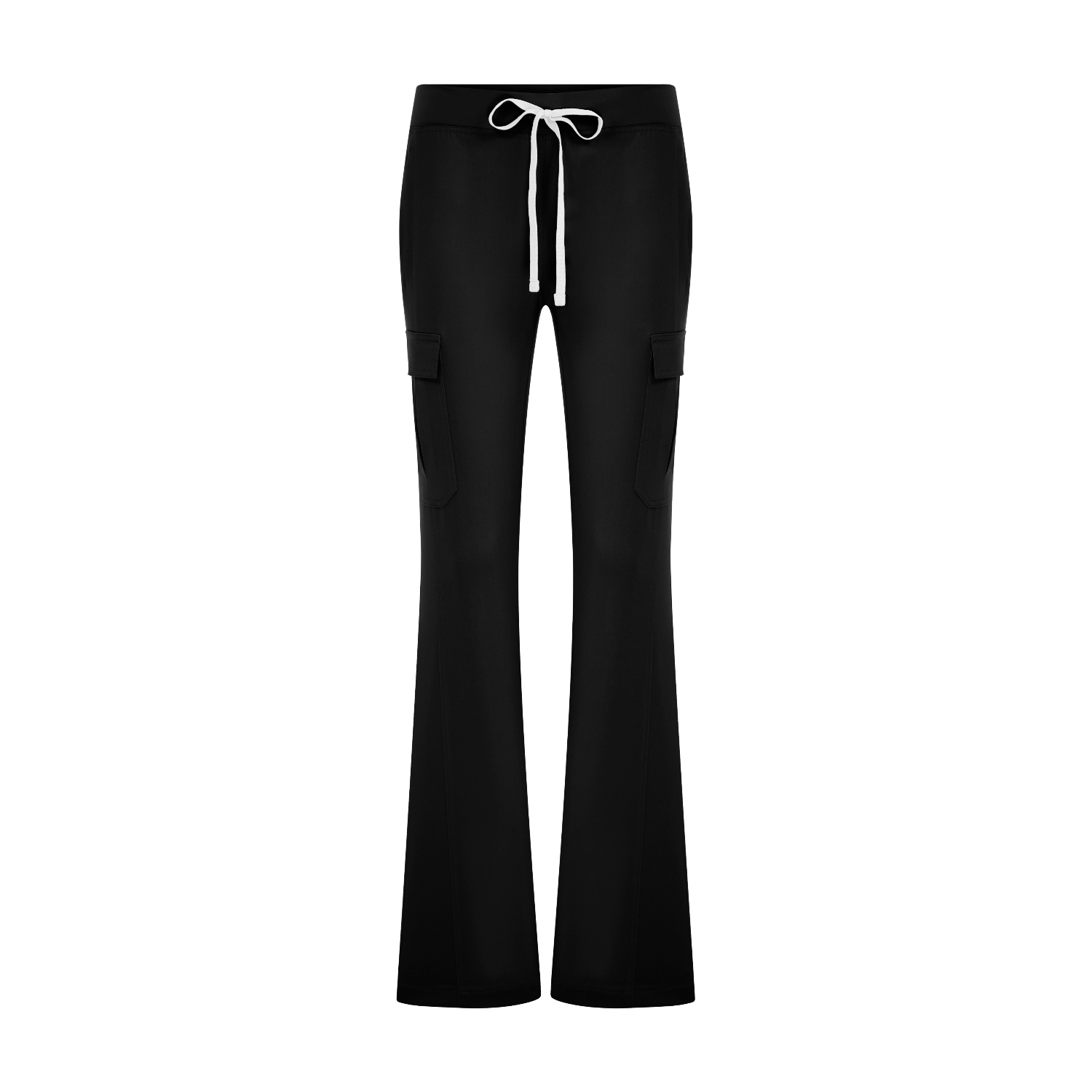 Siyah scrubs pantolon: bağcıklı bel, yan cepler, düz paça