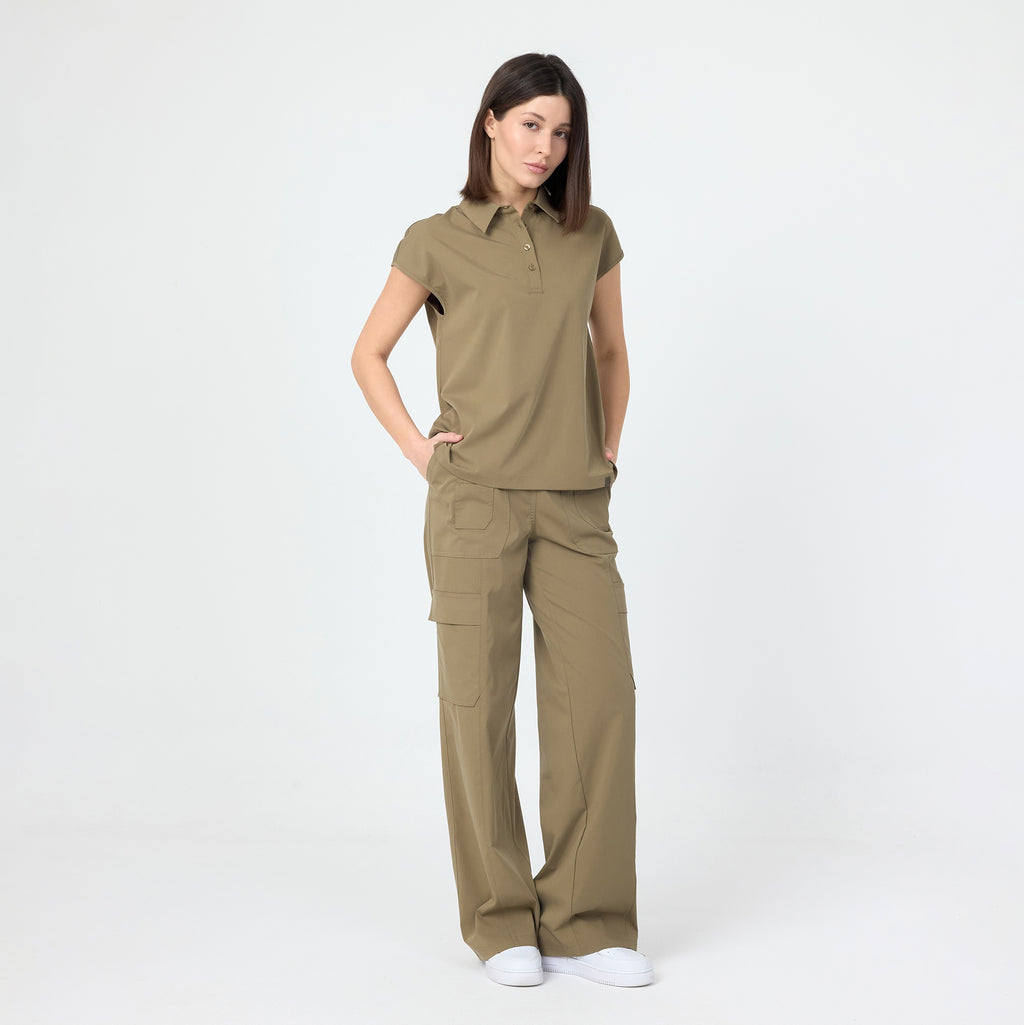 Olive polo T-shirt with collar, short sleeves, and front buttons