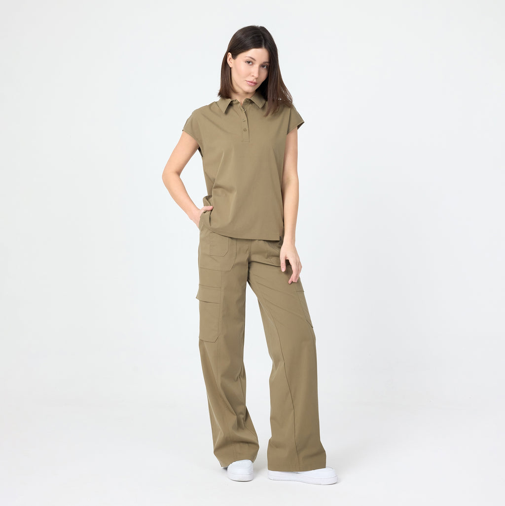 Olive polo T-shirt with cap sleeves and three-button placket