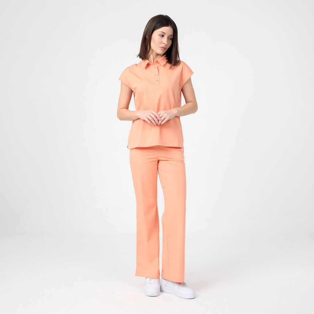 Tangerine scrub pants with elastic waistband and drawstring, straight leg