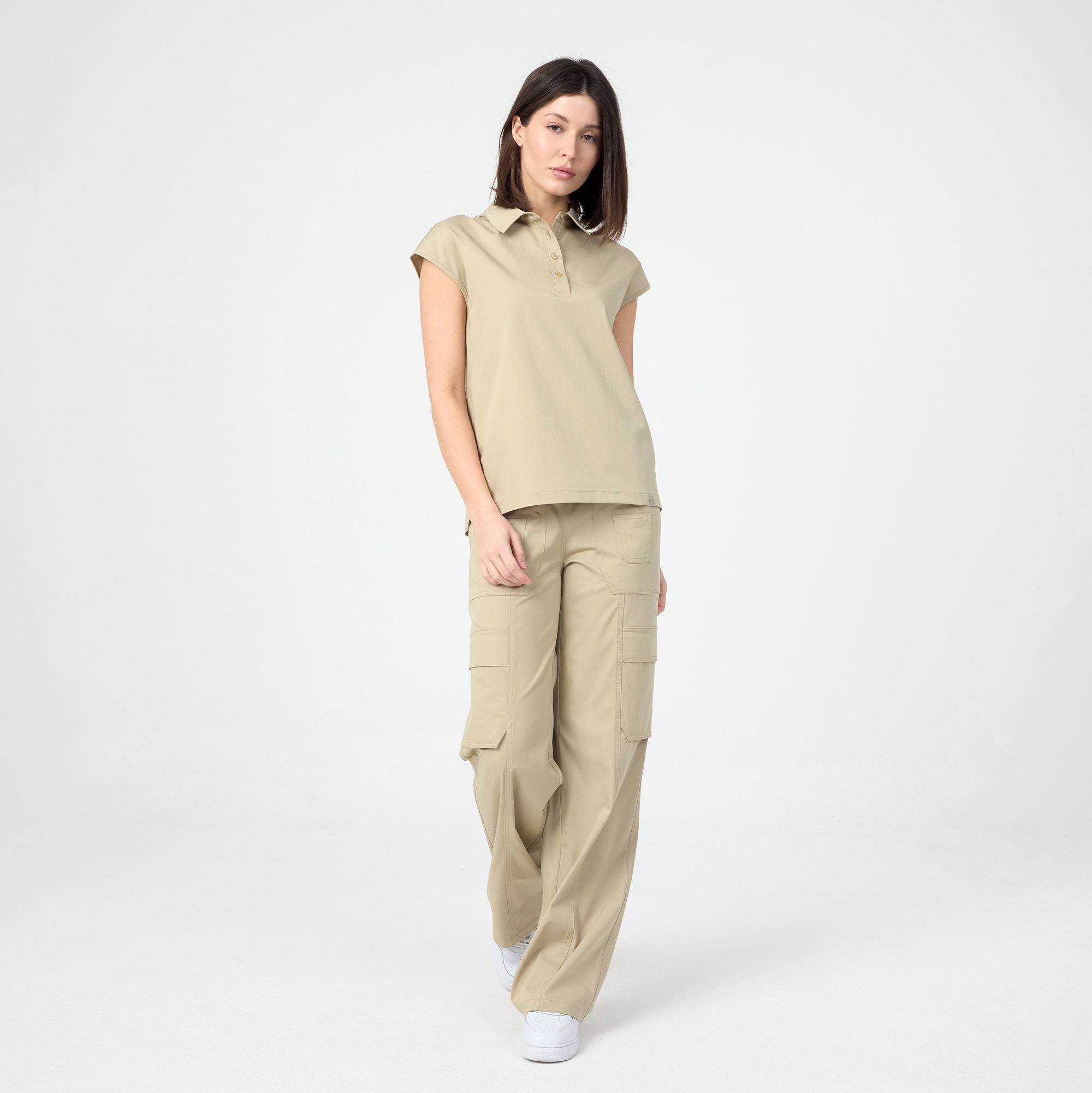 Freya bol paça scrub pantolon marl bej, yan kargo cepli