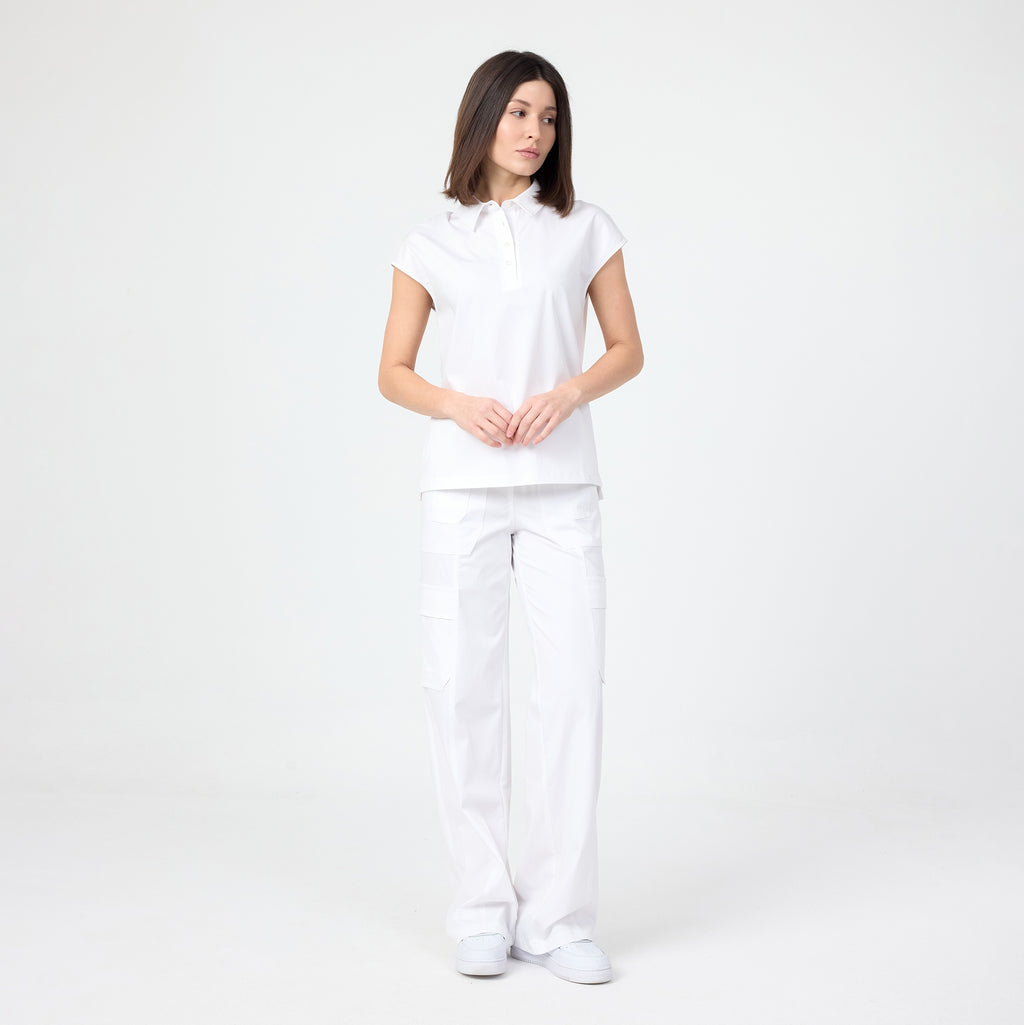 White polo T-shirt front view with short sleeves and buttoned collar
