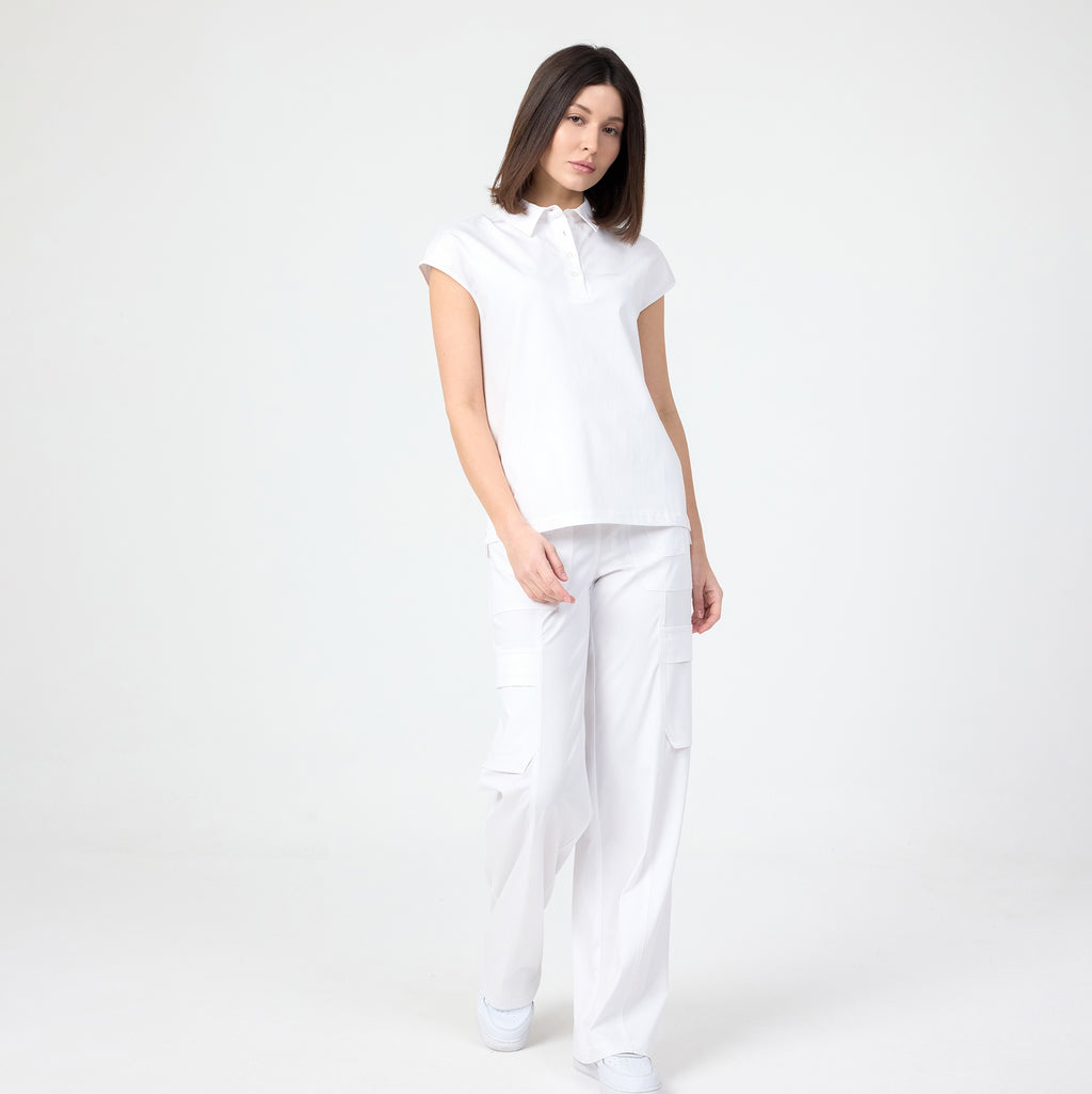 White polo T-shirt, short sleeves and partial button placket