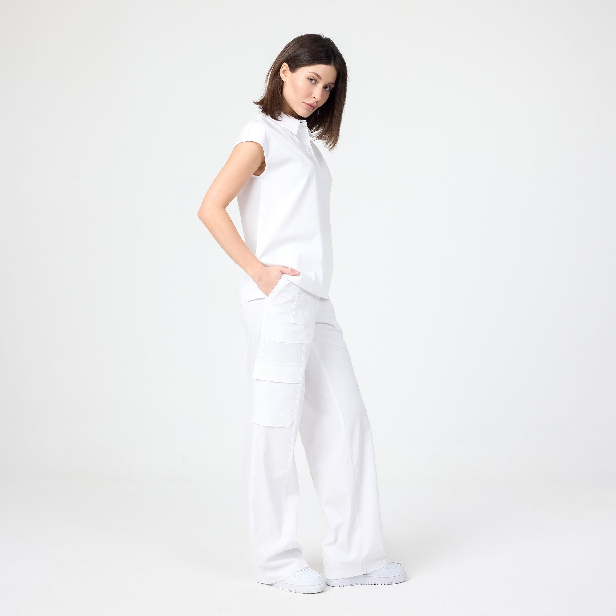 Freya bol paça scrub pantolon, beyaz, ön cep detaylı