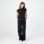Black Pulse polo T-shirt, front view with buttoned placket and short sleeves