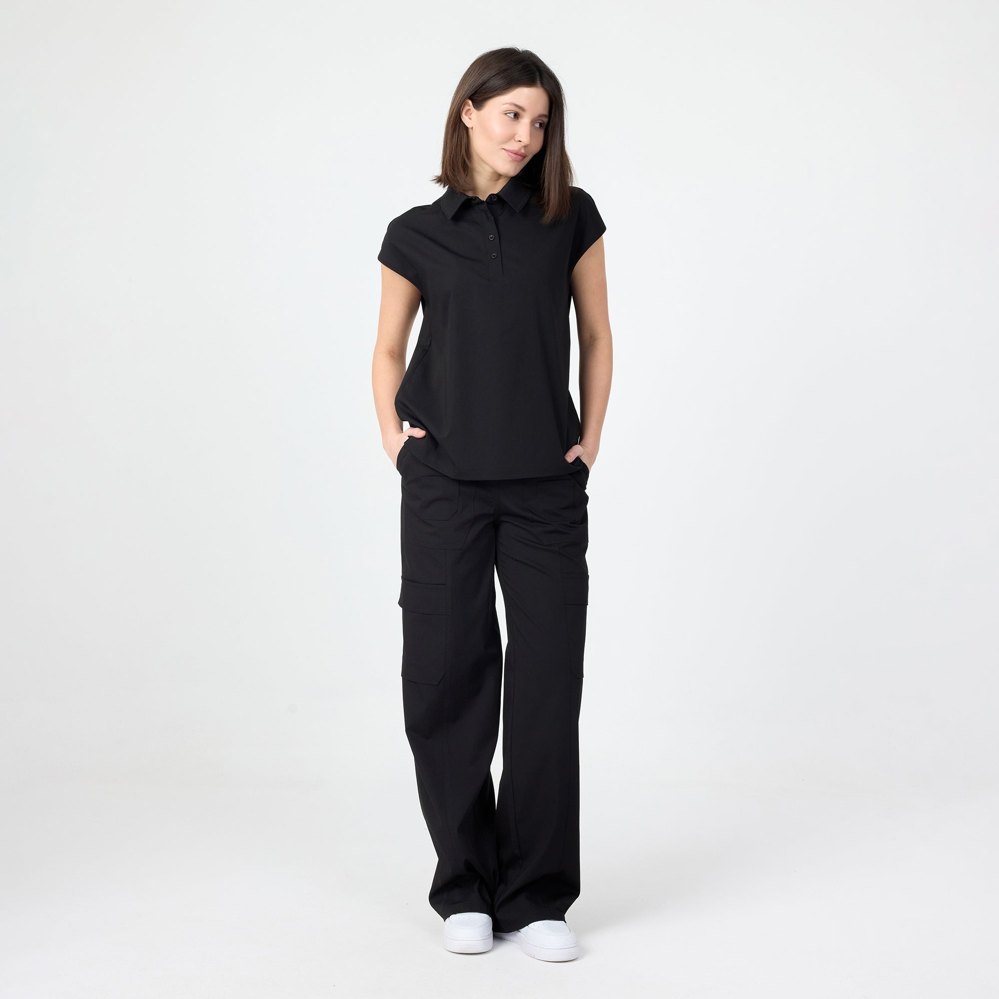 Black Pulse polo T-shirt, front view with buttoned placket and short sleeves