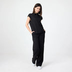 Black polo T-shirt with side pose, short sleeves and button placket
