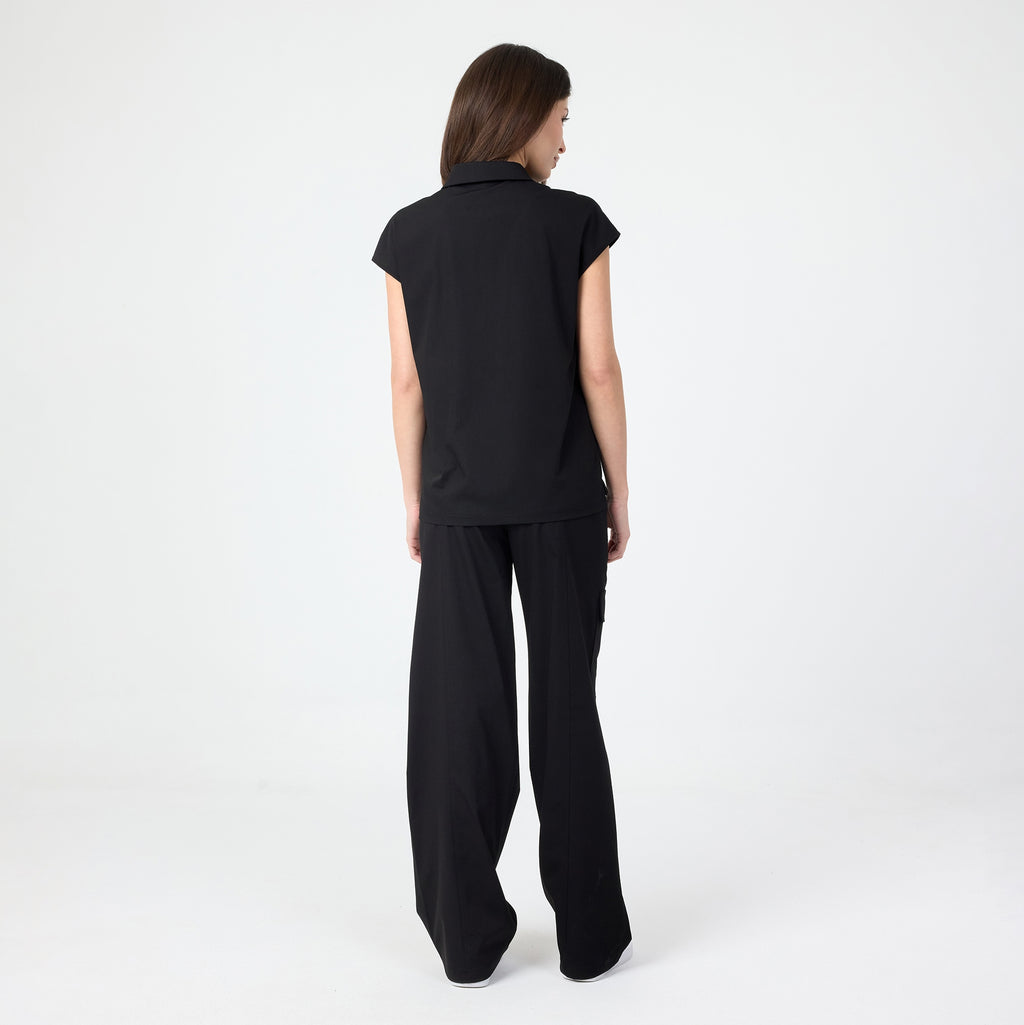 Black polo T-shirt back view, short sleeves and clean collar line