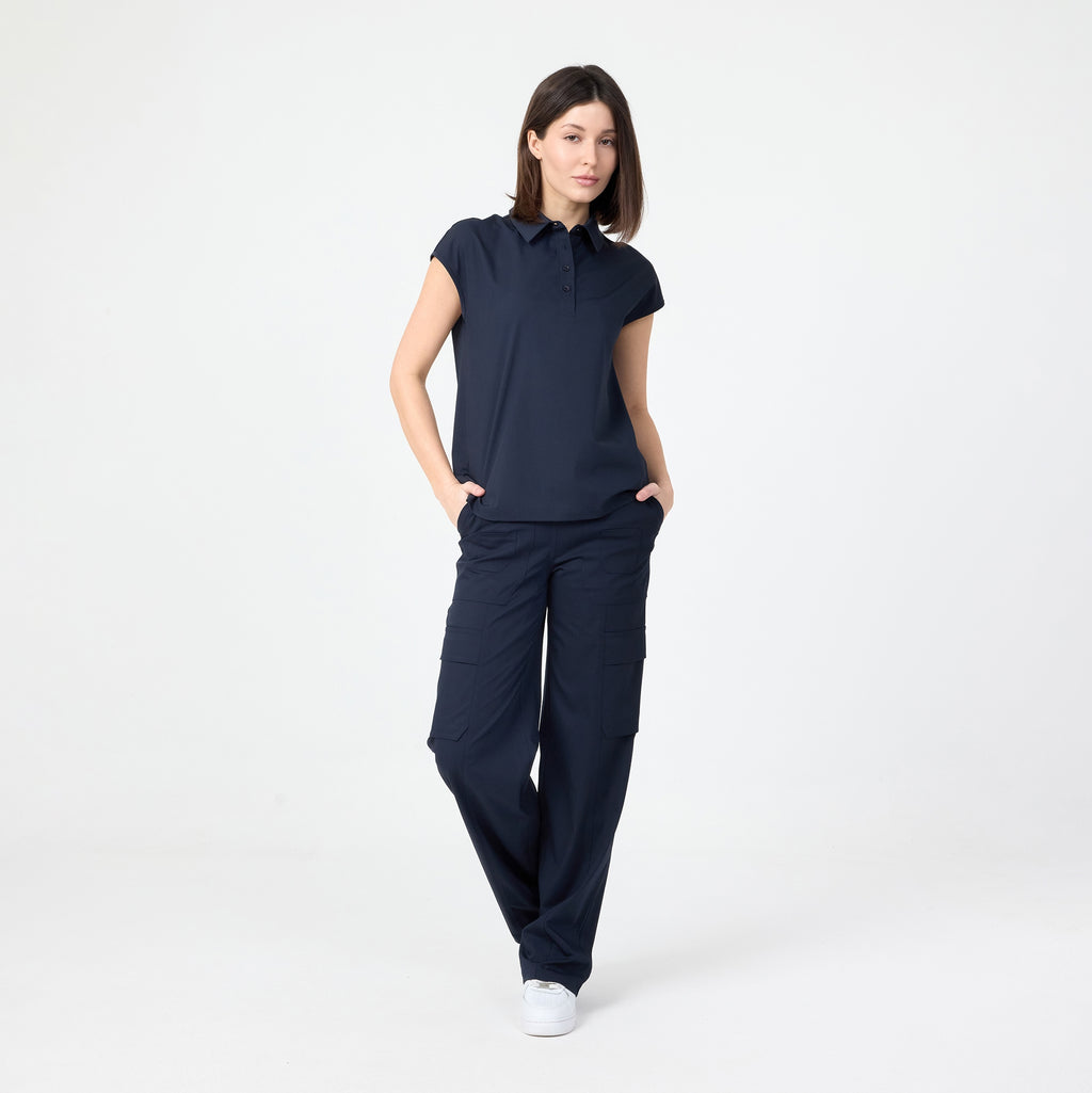 Navy polo T-shirt with pointed collar and button placket