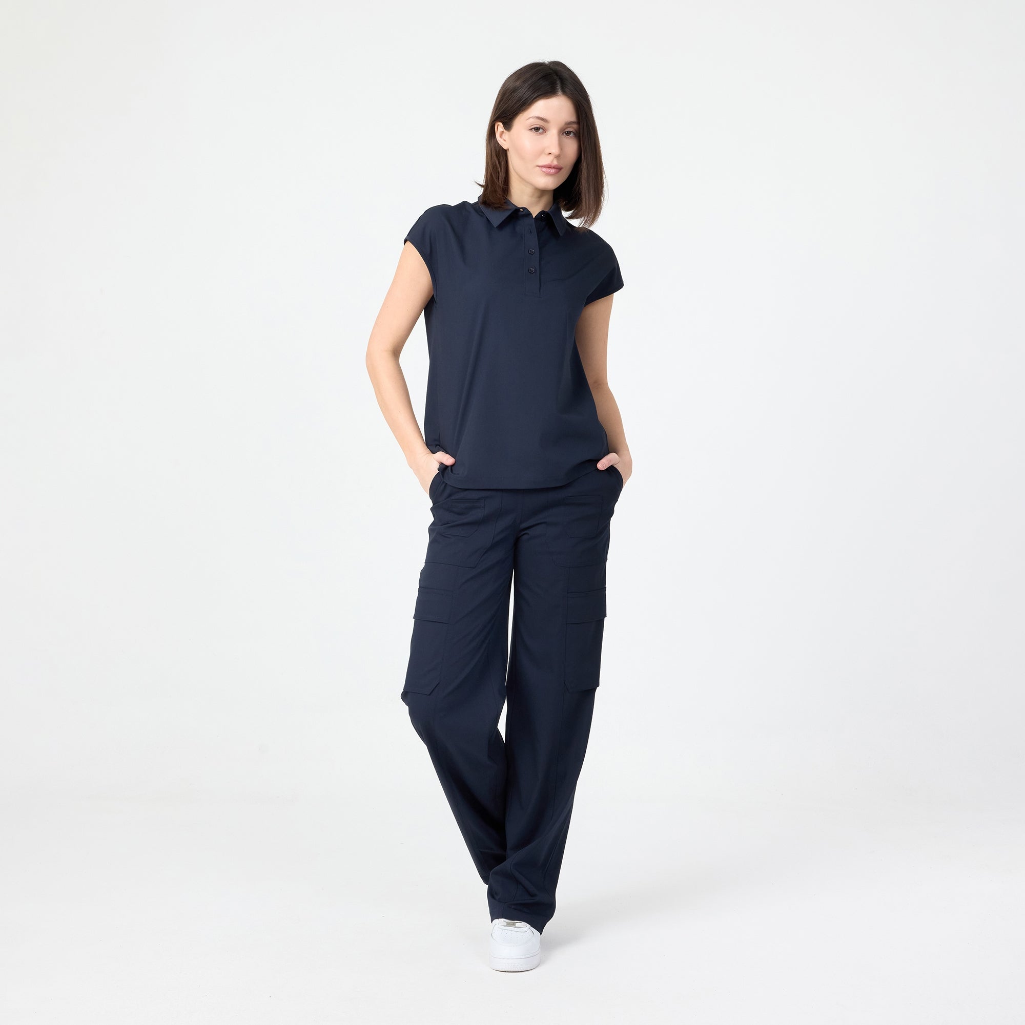 Navy polo T-shirt with pointed collar and button placket