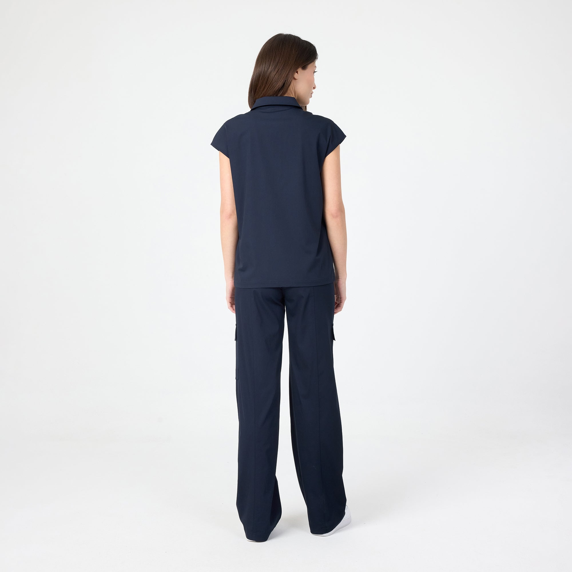 Navy polo T-shirt back view with short sleeves