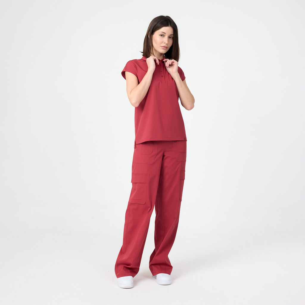 Chili red polo T-shirt with collar and button placket, relaxed fit