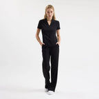 Siyah Chicago scrub pantolon; lastikli bel ve düz, geniş paça