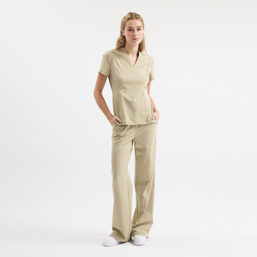 Chicago scrub pantolon, beli lastikli, açık marl renk, geniş paça