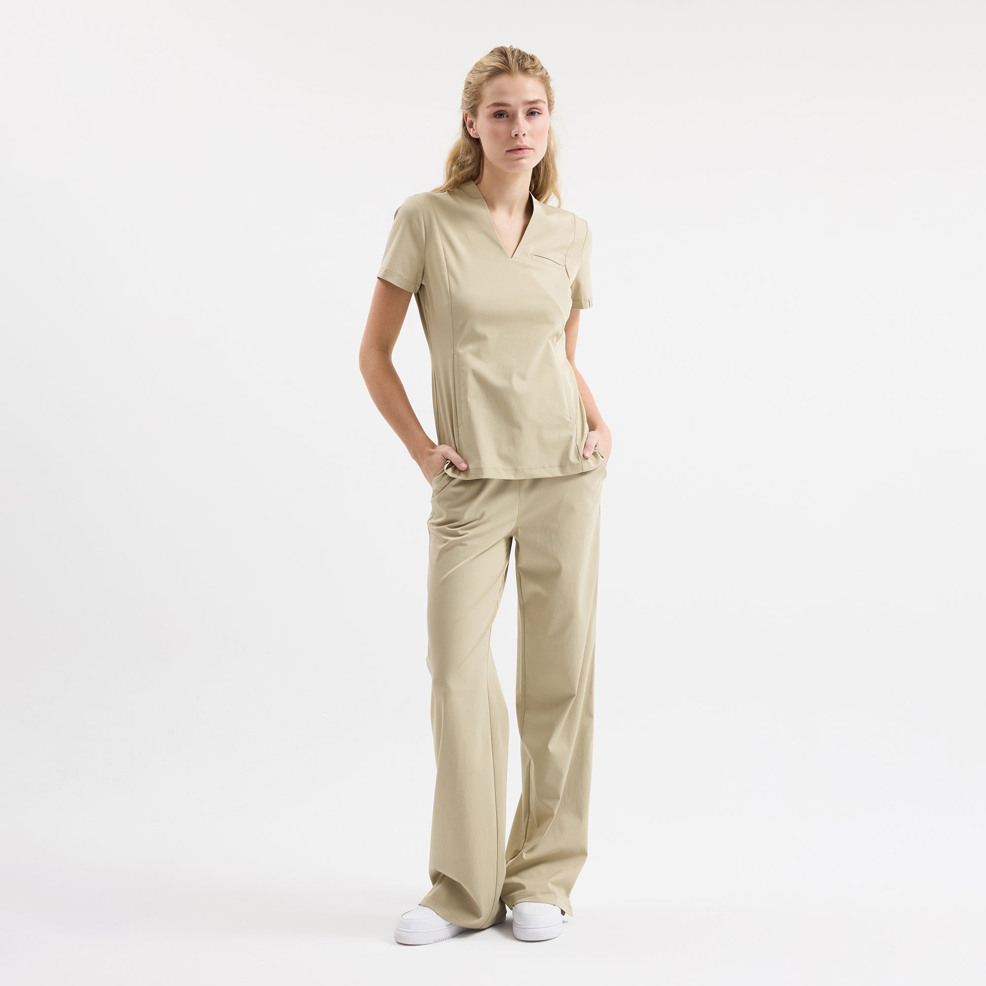 Chicago scrub pantolon, beli lastikli, açık marl renk, geniş paça