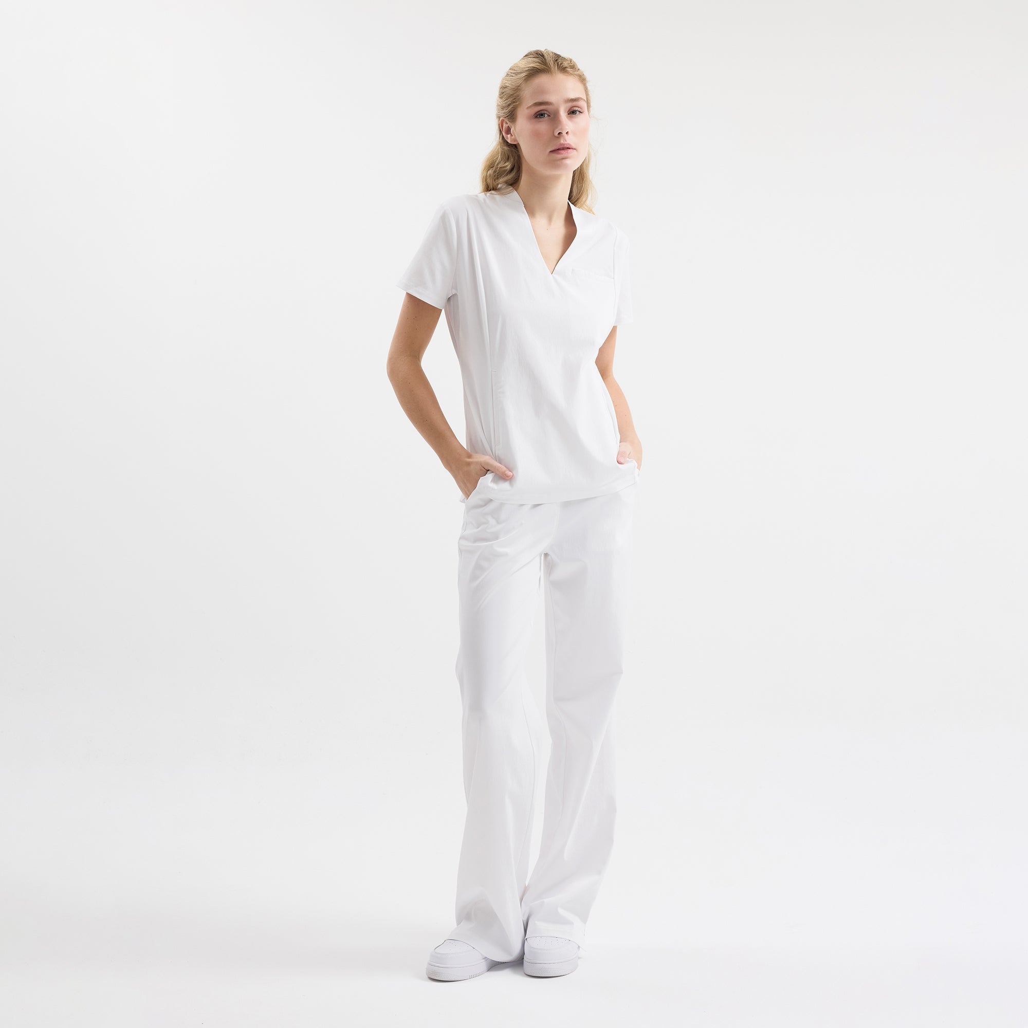 Chicago beli lastikli beyaz scrub pantolon, düz kesim