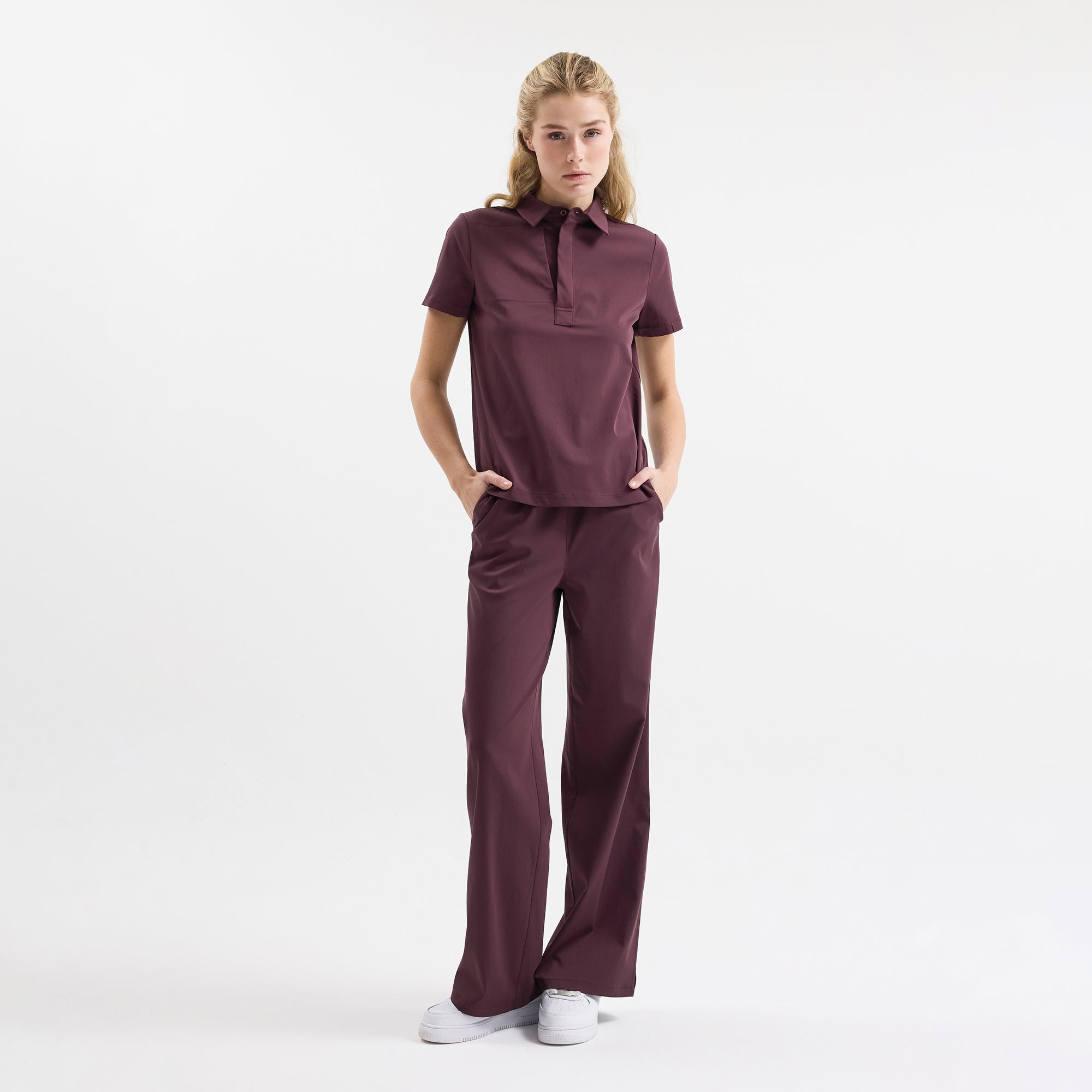 Chicory bordo beli lastikli scrub pantolon, bol kesim ve bilek paça