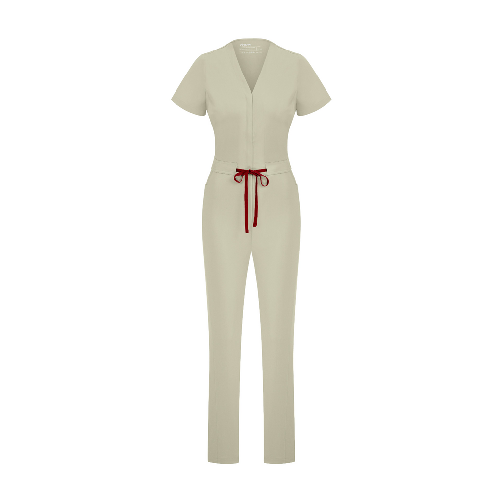Sunray Slim Scrubs tulum Marl; önden görünüm, V yaka ve kırmızı bağcıklı bel.
