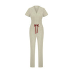 Sunray Slim Scrubs tulum Marl; önden görünüm, V yaka ve kırmızı bağcıklı bel.