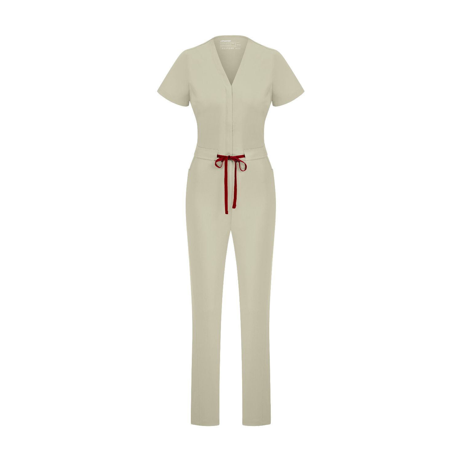 Sunray Slim Scrubs tulum Marl; önden görünüm, V yaka ve kırmızı bağcıklı bel.