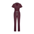 Rhow Shop Sunray Slim Scrubs Chicory tulum; V yaka, bel bağcıklı, ön fermuarlı.