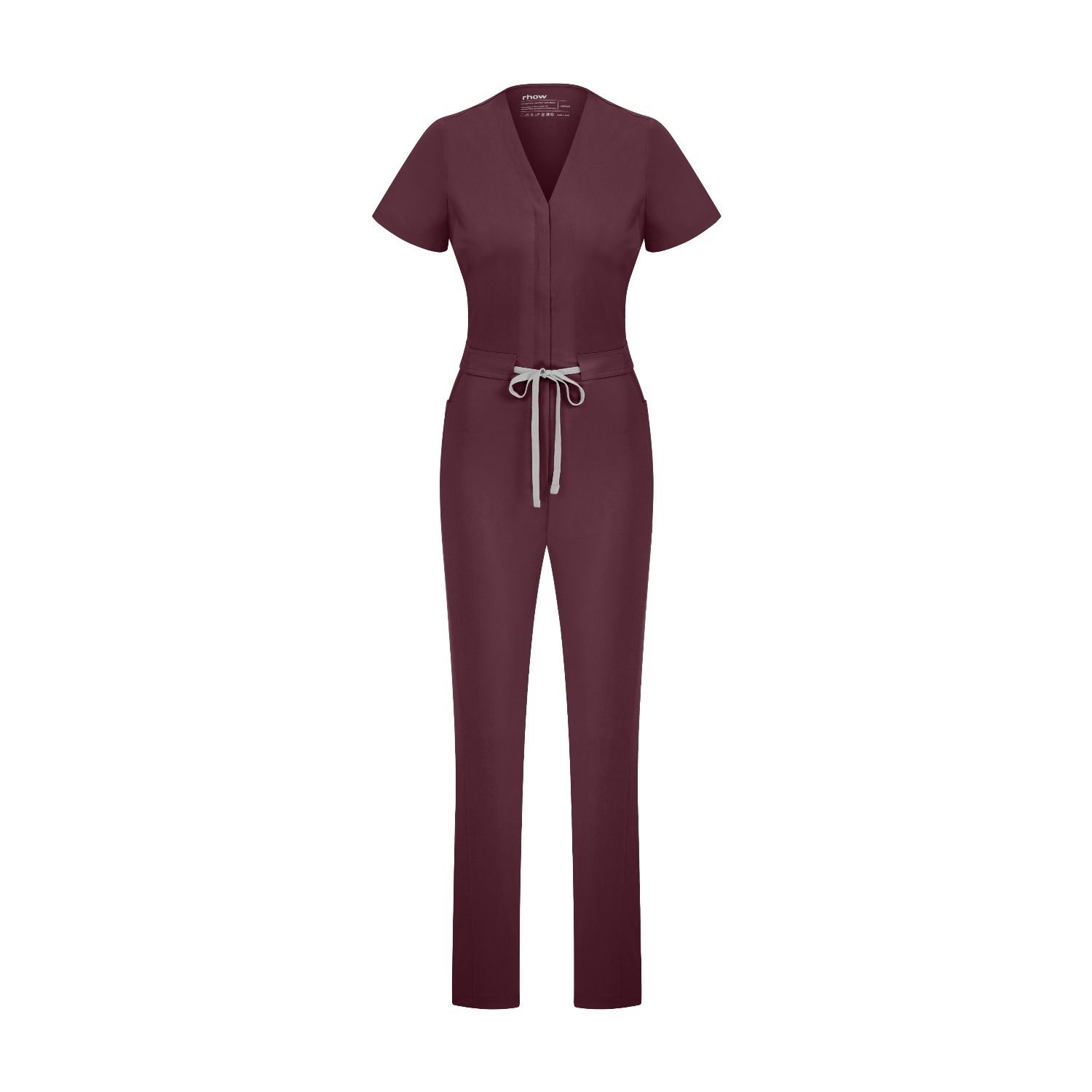 Rhow Shop Sunray Slim Scrubs Chicory tulum; V yaka, bel bağcıklı, ön fermuarlı.