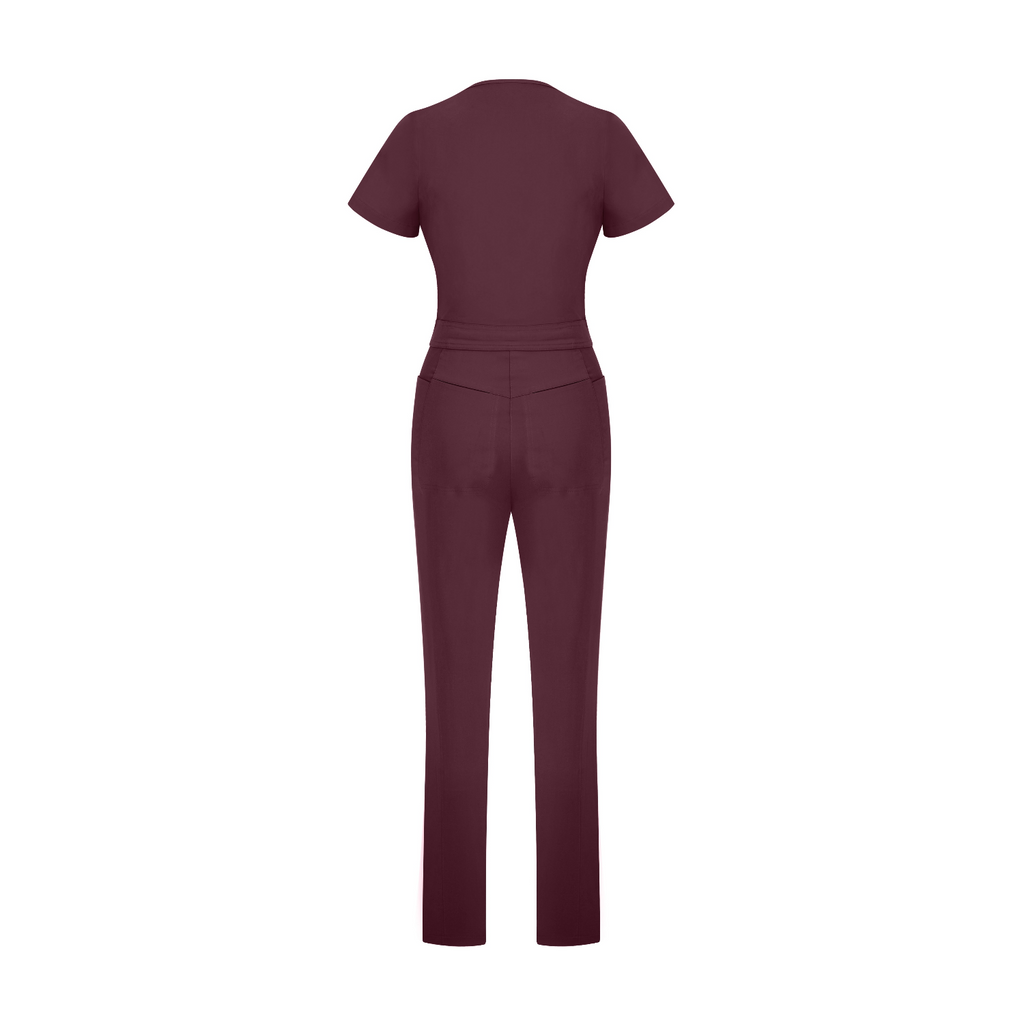 Sunray Slim Scrubs Chicory tulum arka görünüm; bel dikişleri ve kısa kollu.