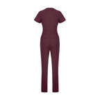 Sunray Slim Scrubs Chicory tulum arka görünüm; bel dikişleri ve kısa kollu.