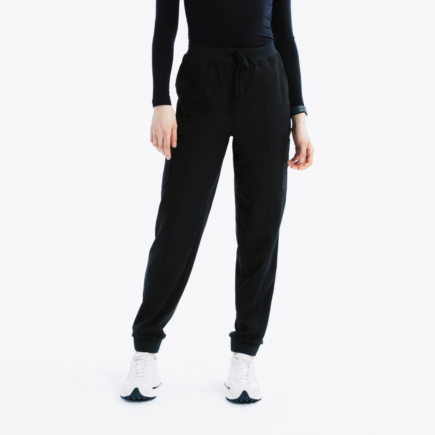 Siyah jogger scrub pantolon: lastik bel, kargo cepli