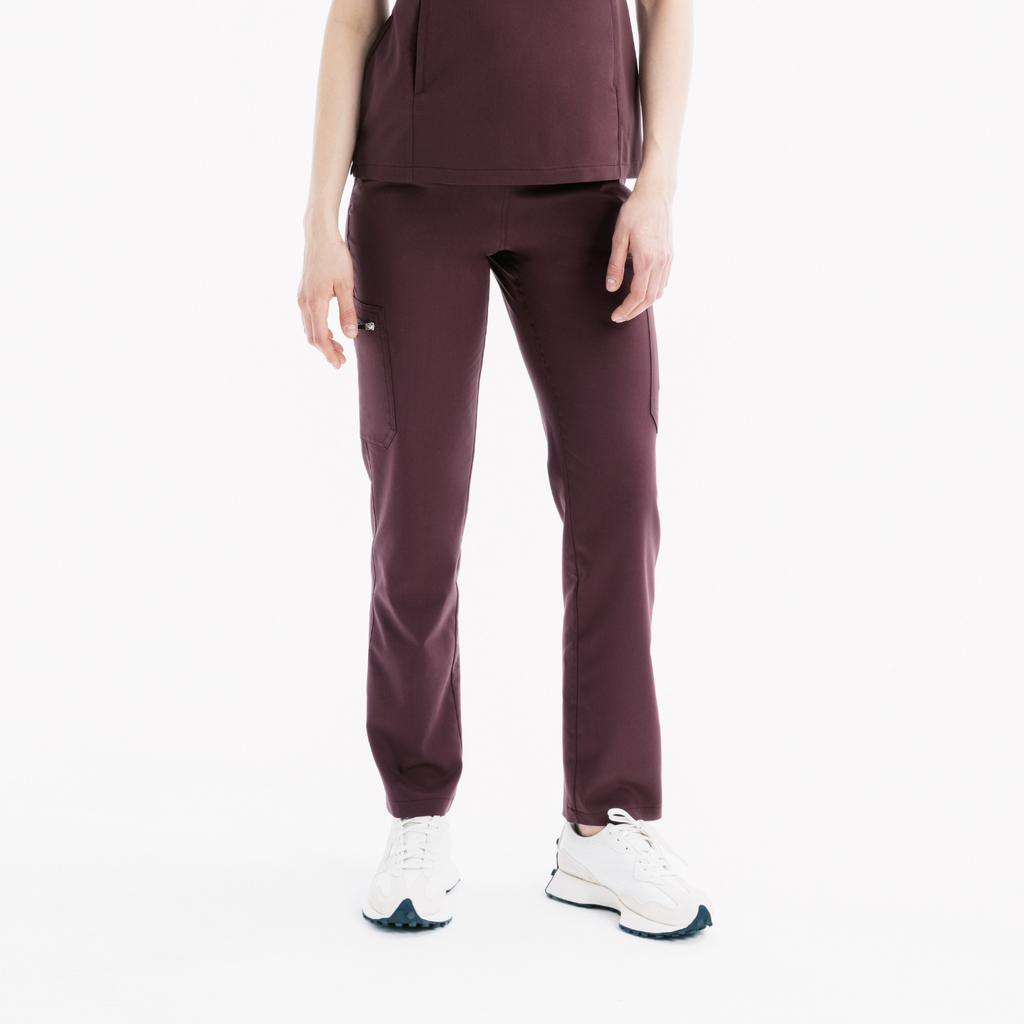 Chicory slim scrub pantolon; ön tarafta yan cep, düğmesiz düz yüzey
