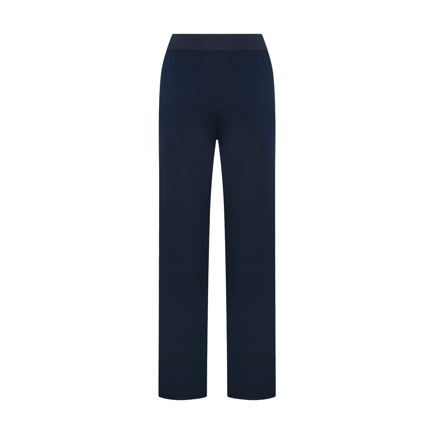 Navy scrub pantolon tek parça görünüm; ön düğüm bağcığı yok, cep detaylı.