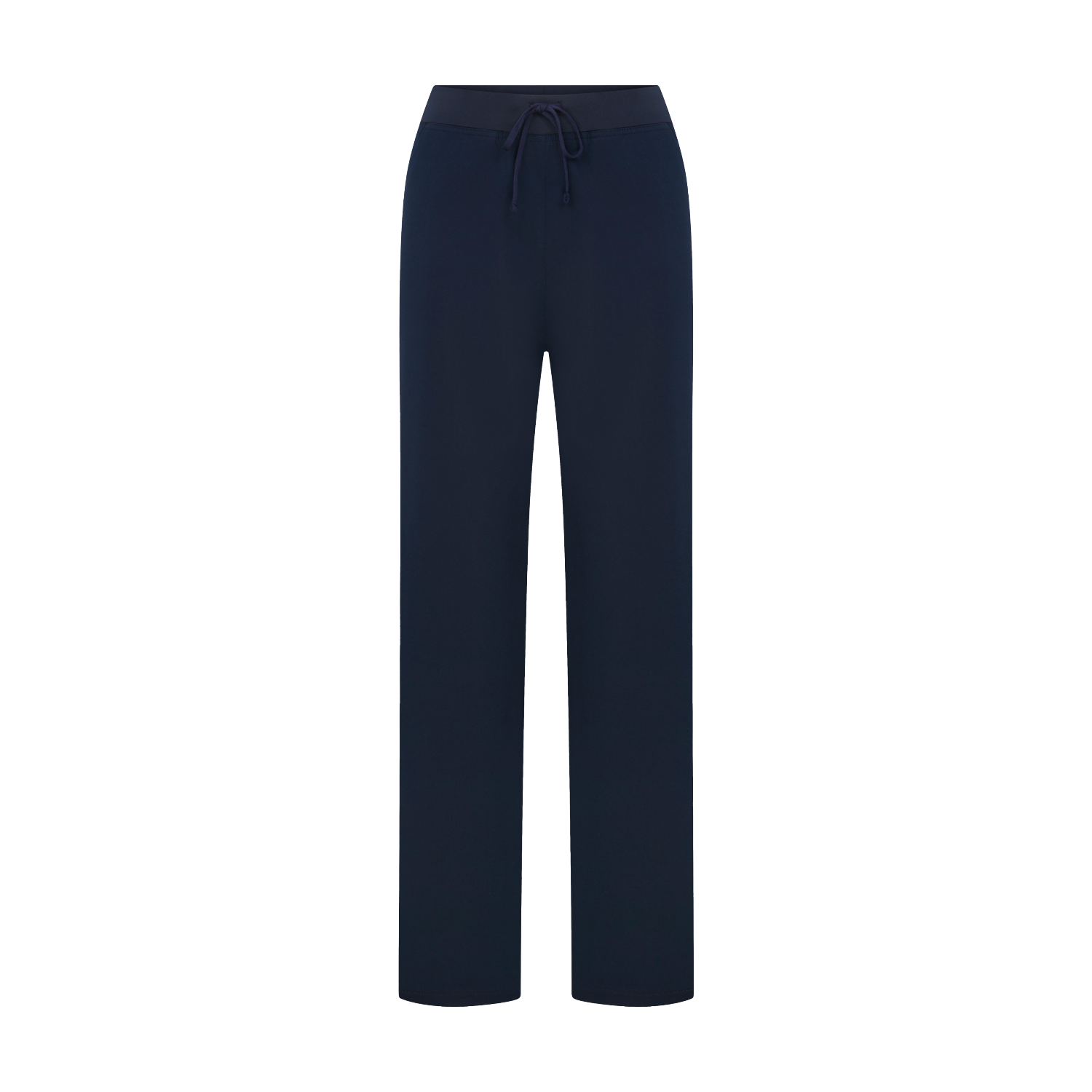 Navy scrub pantolon; belde ip bağcık ve ön/arka düz hatlar.