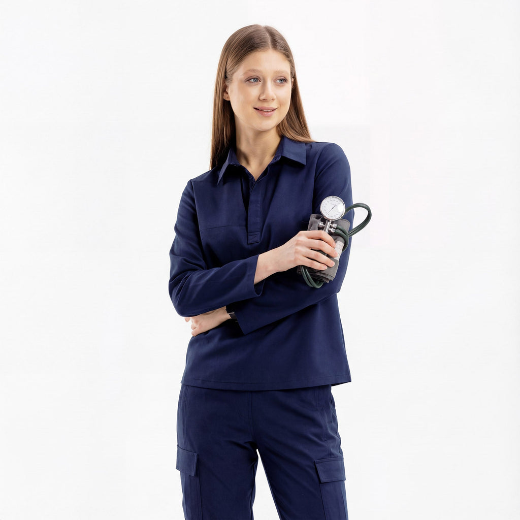 Rhow Shop navy scrub üst; uzun kollu, göğüs cebi ve ön düğmeli polo yaka