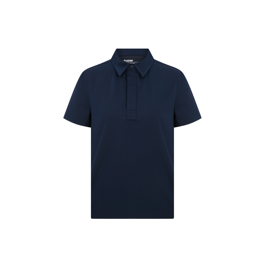 Enzo scrub üst (navy), önden patlı polo yaka, kısa kol.