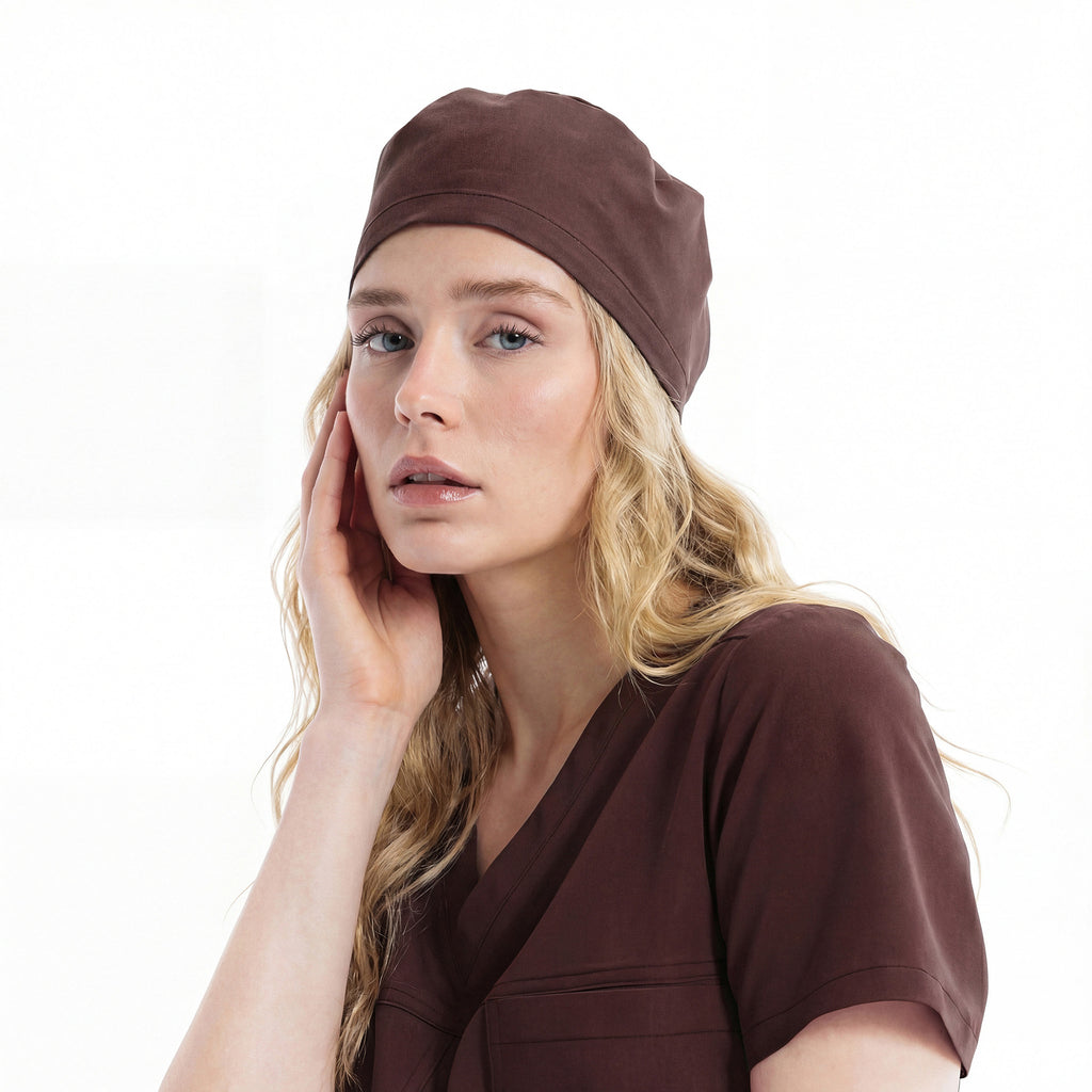 Side view scrub top and cap, V-neck with chest pocket, dark cocoa
