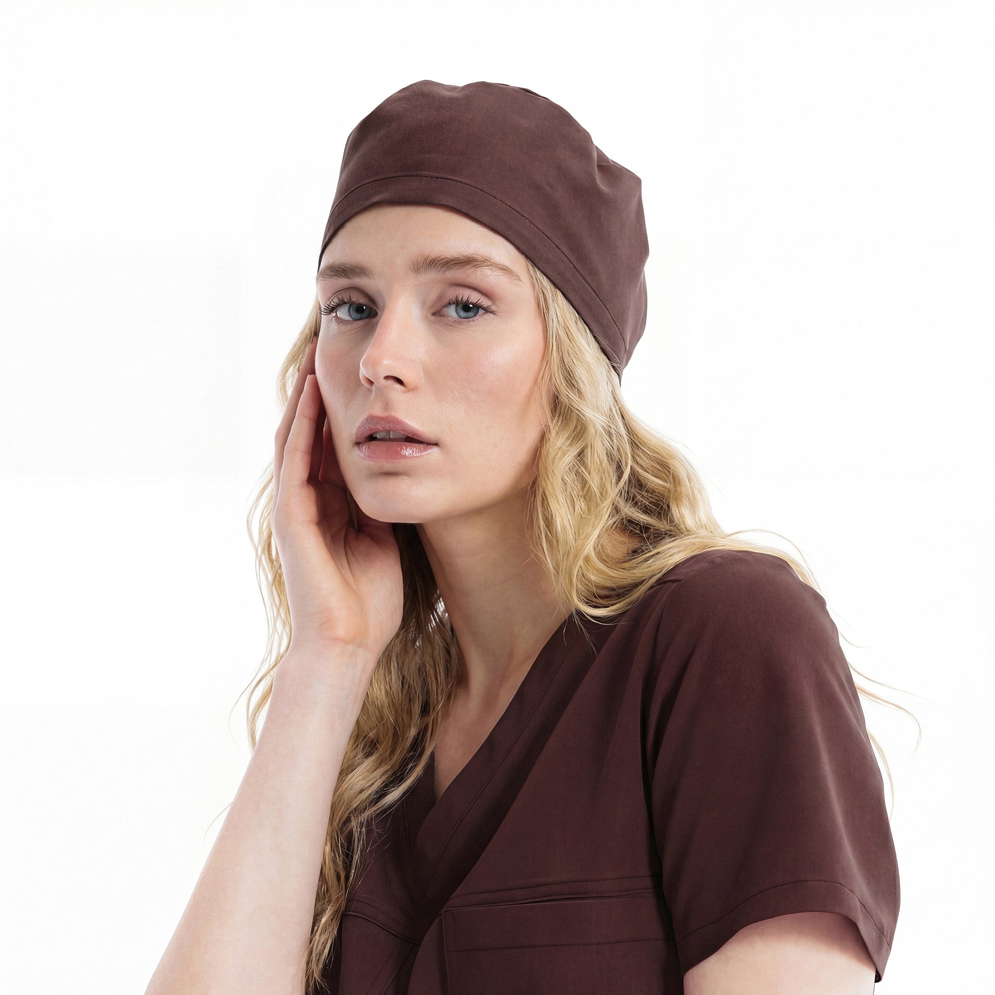 Side view scrub top and cap, V-neck with chest pocket, dark cocoa