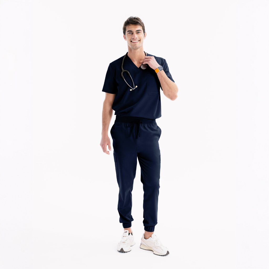 Lacivert jogger scrub pantolon, yan cepler ve bel bağcığı, dar bilek paça
