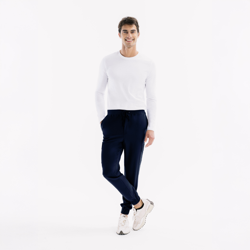 Lacivert jogger scrub pantolon, belde bağcık ve dar paça manşet