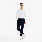 Lacivert jogger scrub pantolon, belde bağcık ve dar paça manşet
