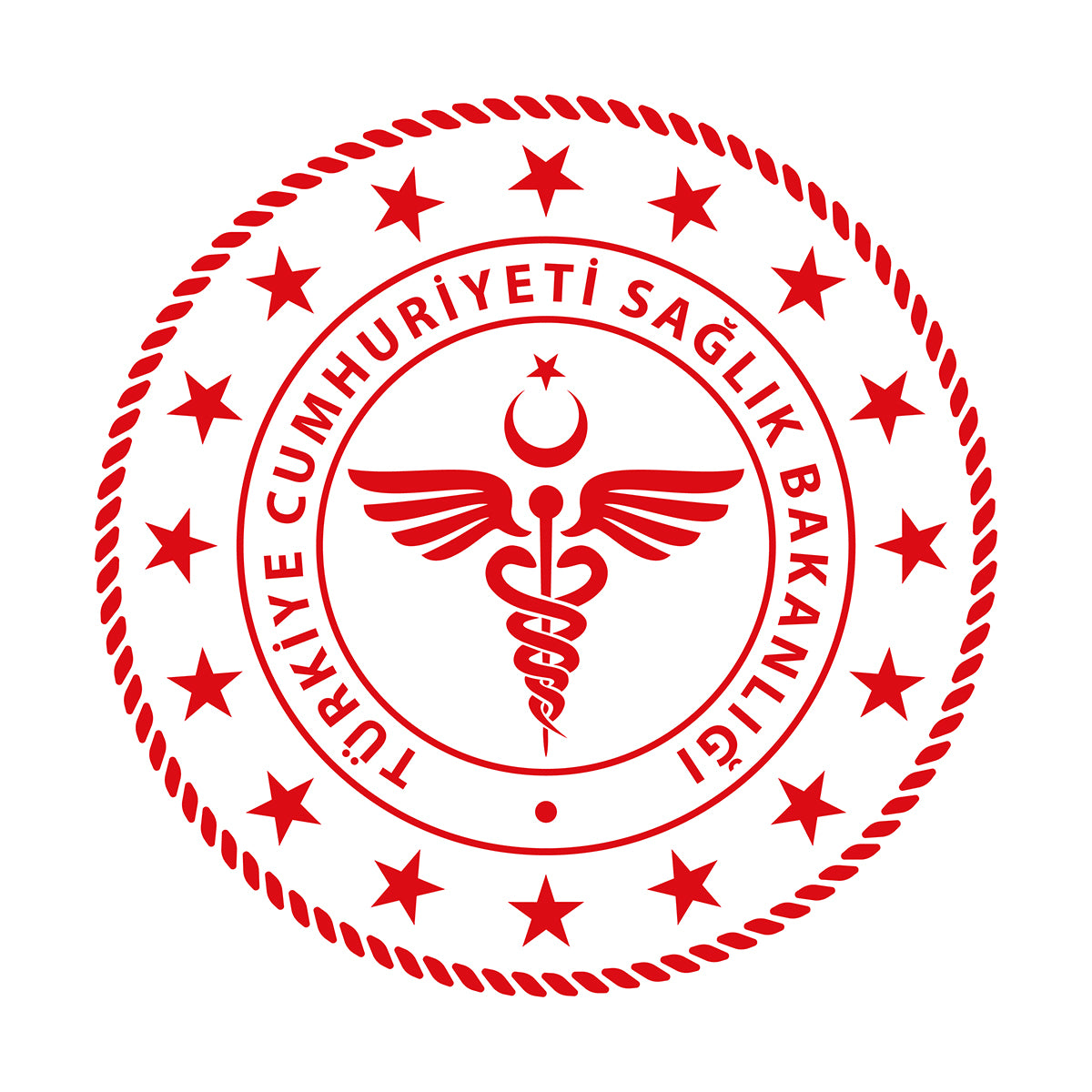 Circular Turkey Ministry of Health emblem with stars and medical symbol, red and white