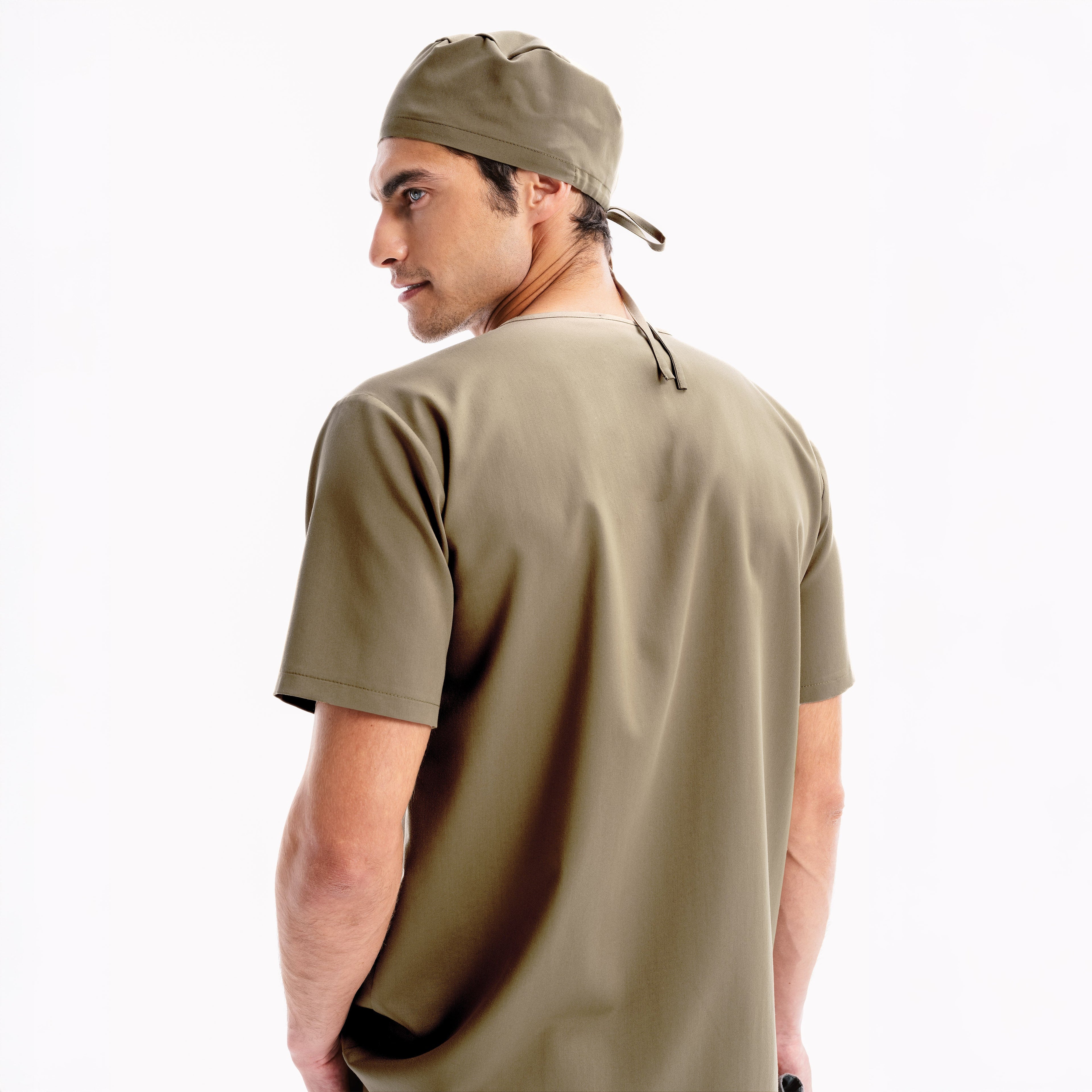 Halo green scrub top with short sleeves, rear three-quarter view