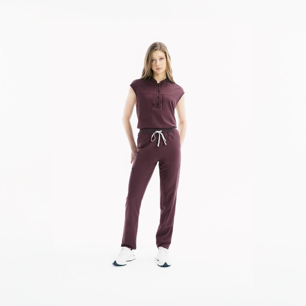 Chicory slim scrub pantolon; bağcıklı bel ve yan cepli stil