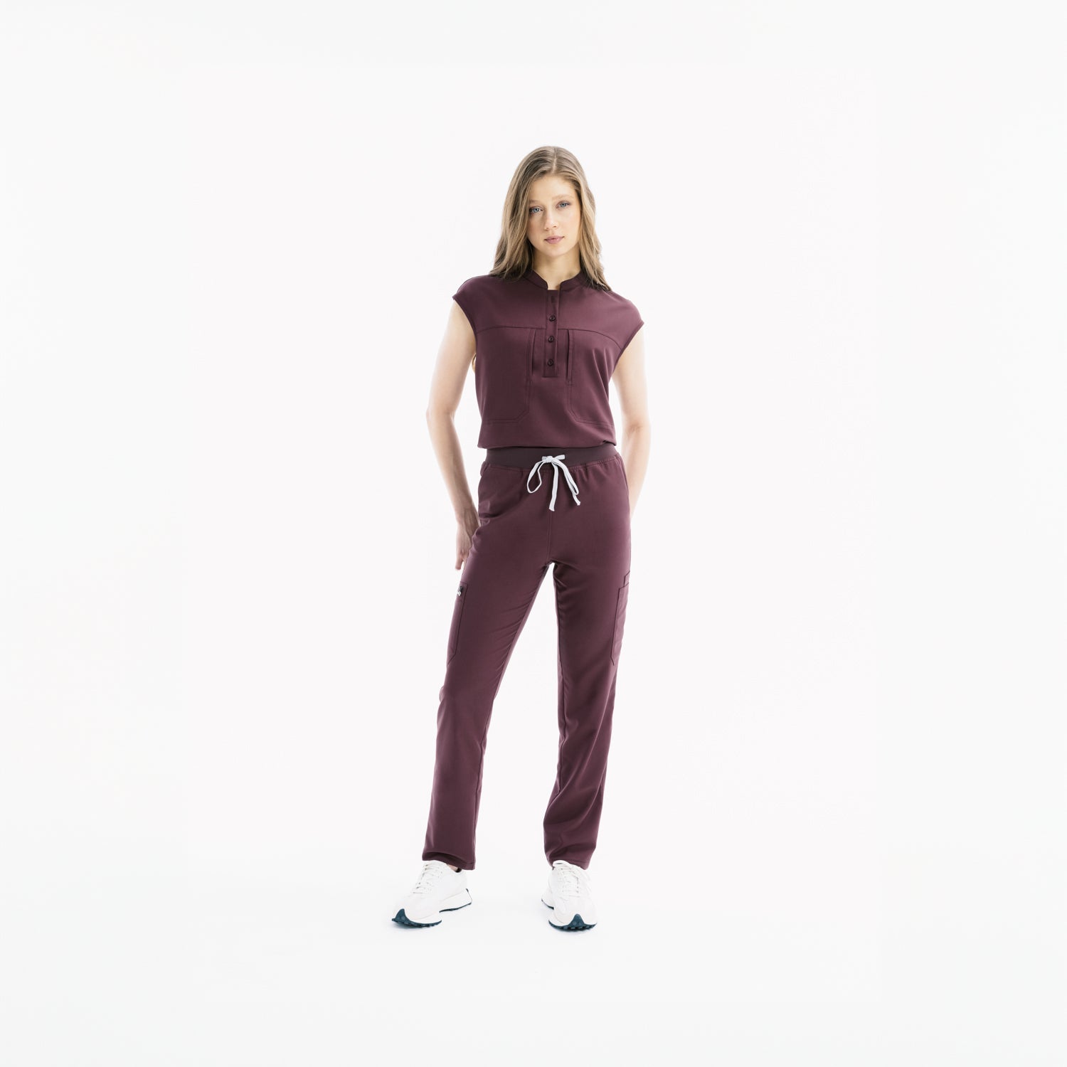 Chicory slim scrub pantolon; bağcıklı bel ve yan cepli stil